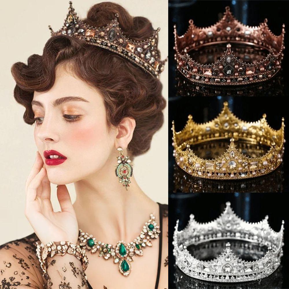 Round Shape Vintage Baroque Crown Pearl Wedding Hair Jewelry Crystal Crown for Women  Pageant Event