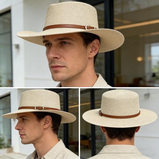Straw Hat Wide Brim Flat Faux Leather Strap Top Design Metal Buckle Decor Sun Hat Beach