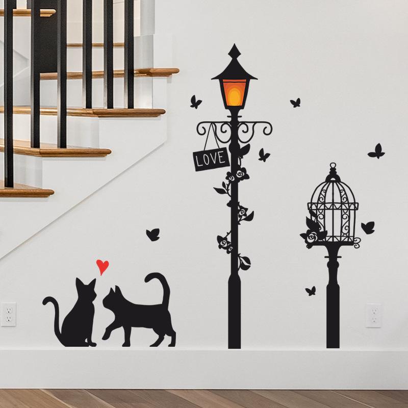 Cartoon Street Lamp Cat Wall Sticker Living Room Entrance Background Home Decoration Bedroom Decor Decal Self Adhesive Wallpaper