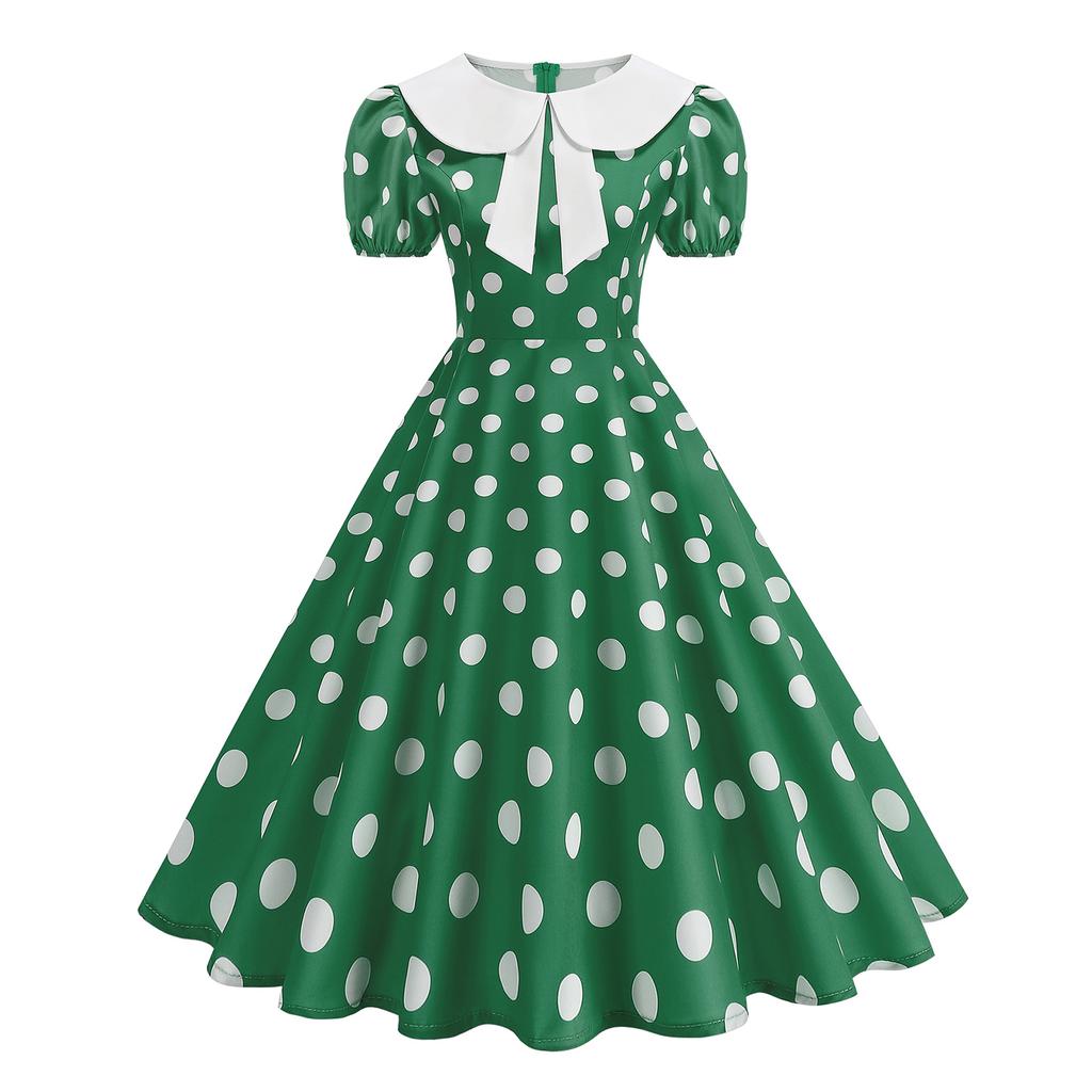 Women's Casual Polka Dot Dress with Collar and Puff Sleeves Slim Fit