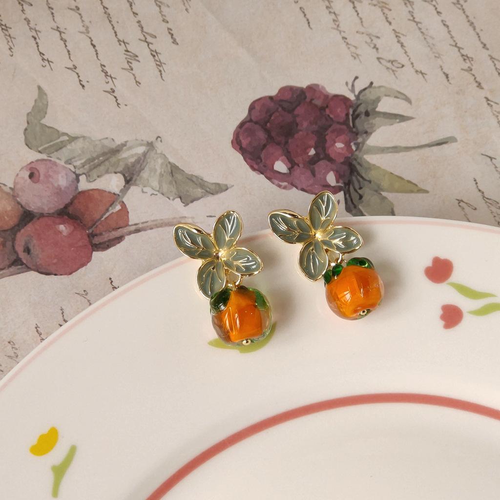I want persimmon! 14K 925 silver needle plated glass persimmon earrings Japanese, glazed stud earrings Earrings