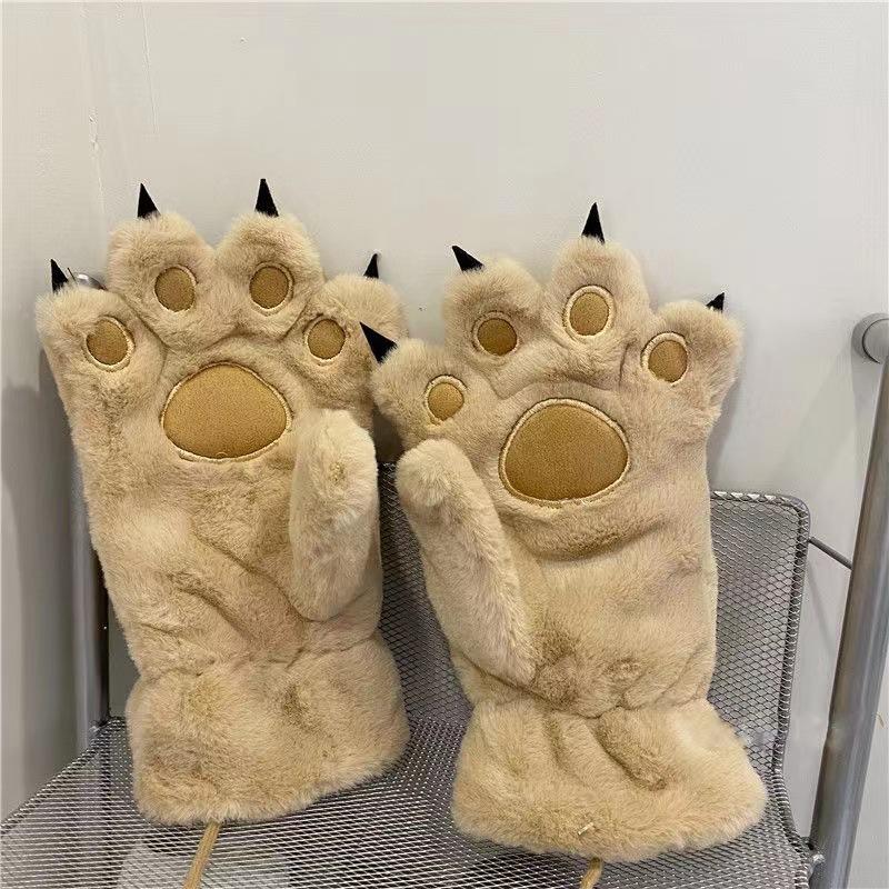 

Милые перчатки с кошачьими лапками, зимние студенческие утепленные перчатки, теплые перчатки с лапками животных, большие женские перчатки с лапками медведя One Size хаки