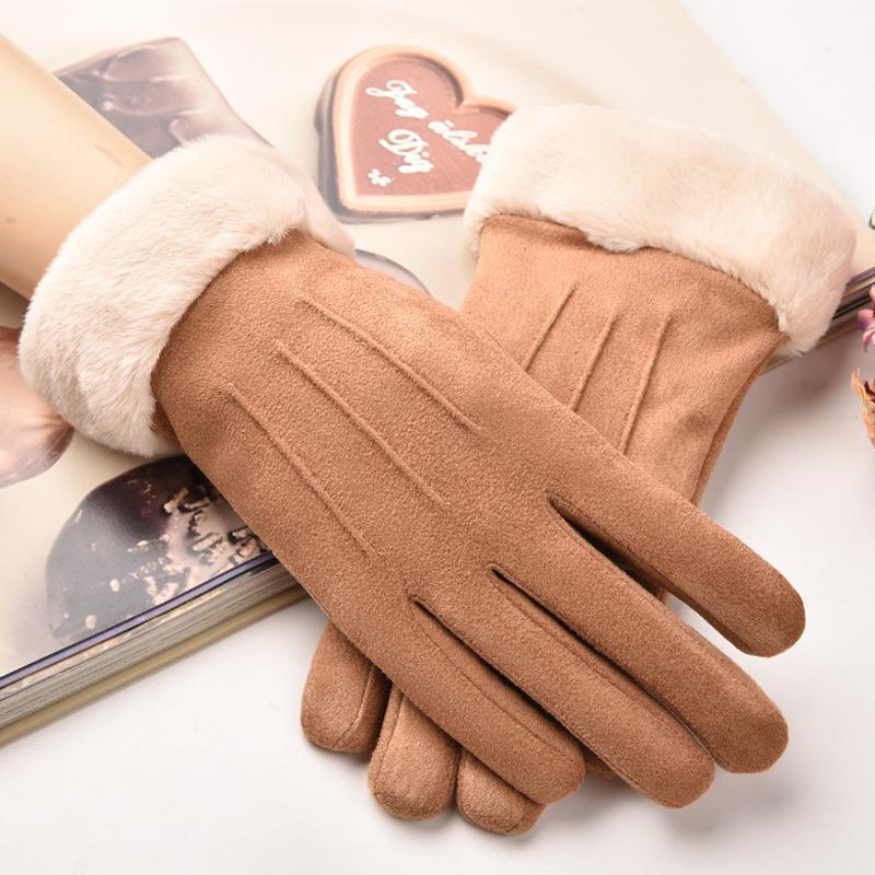Suede Ladies Gloves Warm and Stylish In Autumn and Winter Cute Korean Version of Touch Screen Plus Velvet Padded Riding.