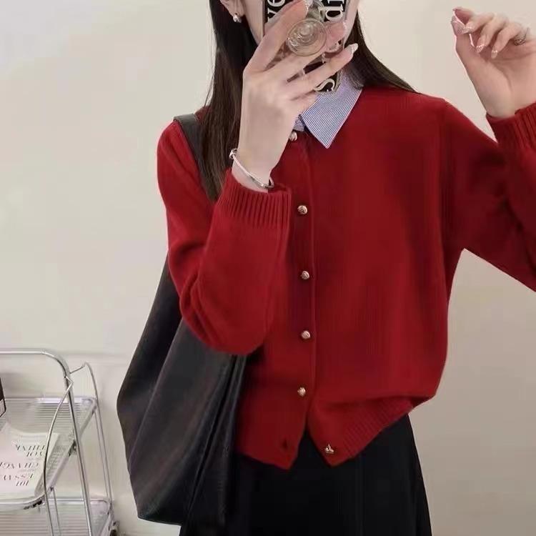 Spring Models False Two-piece Knitted Cardigan Sweater Female Temperament Commuter Spell Shirt Collar Single-breasted Cardigan Female