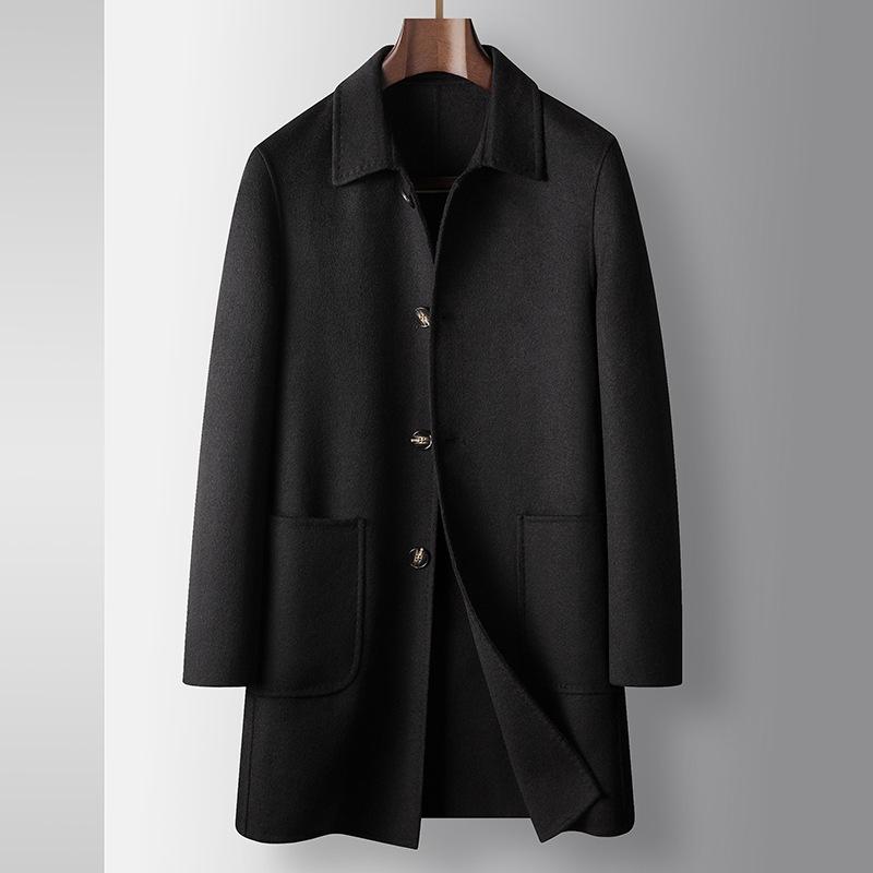 

Осенне-зимний плащ из чистой шерсти ручной работы с лацканами, молодежная деловая двухсторонняя повседневная теплая куртка 190 чёрный