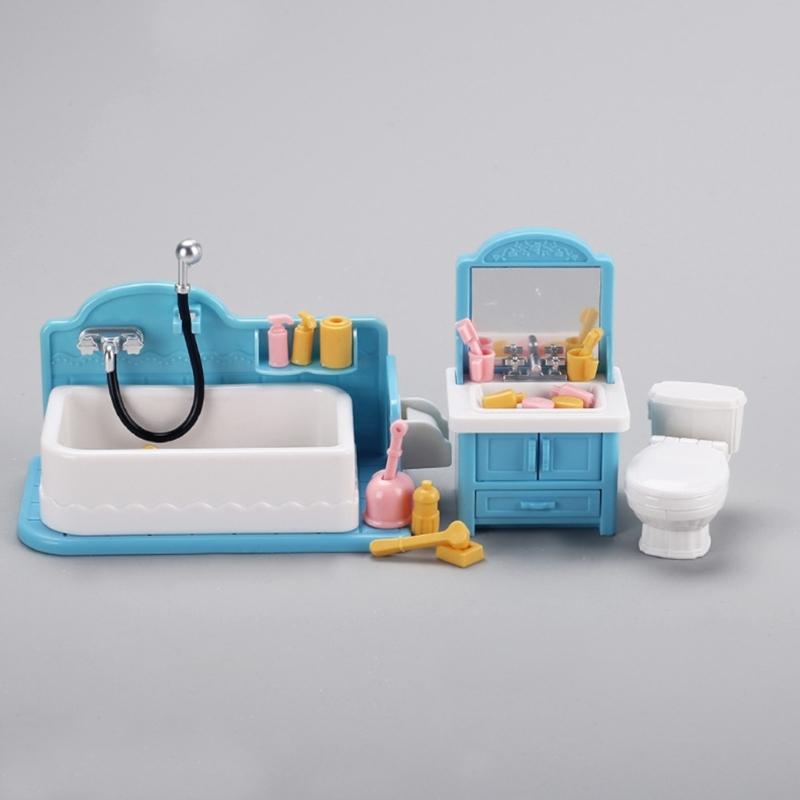 1:12 Scale Mini Bathroom Furniture Toy Set Includes Blue Sink Bathtub And Toilet For Dollhouses Decors