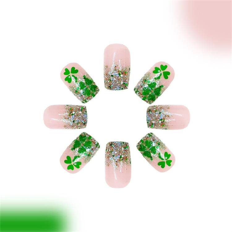 24 Pcs French Tip Press On Nail Short Square Stick on Nail Glittering Artificial Nail Saint Patricks Day False Nail