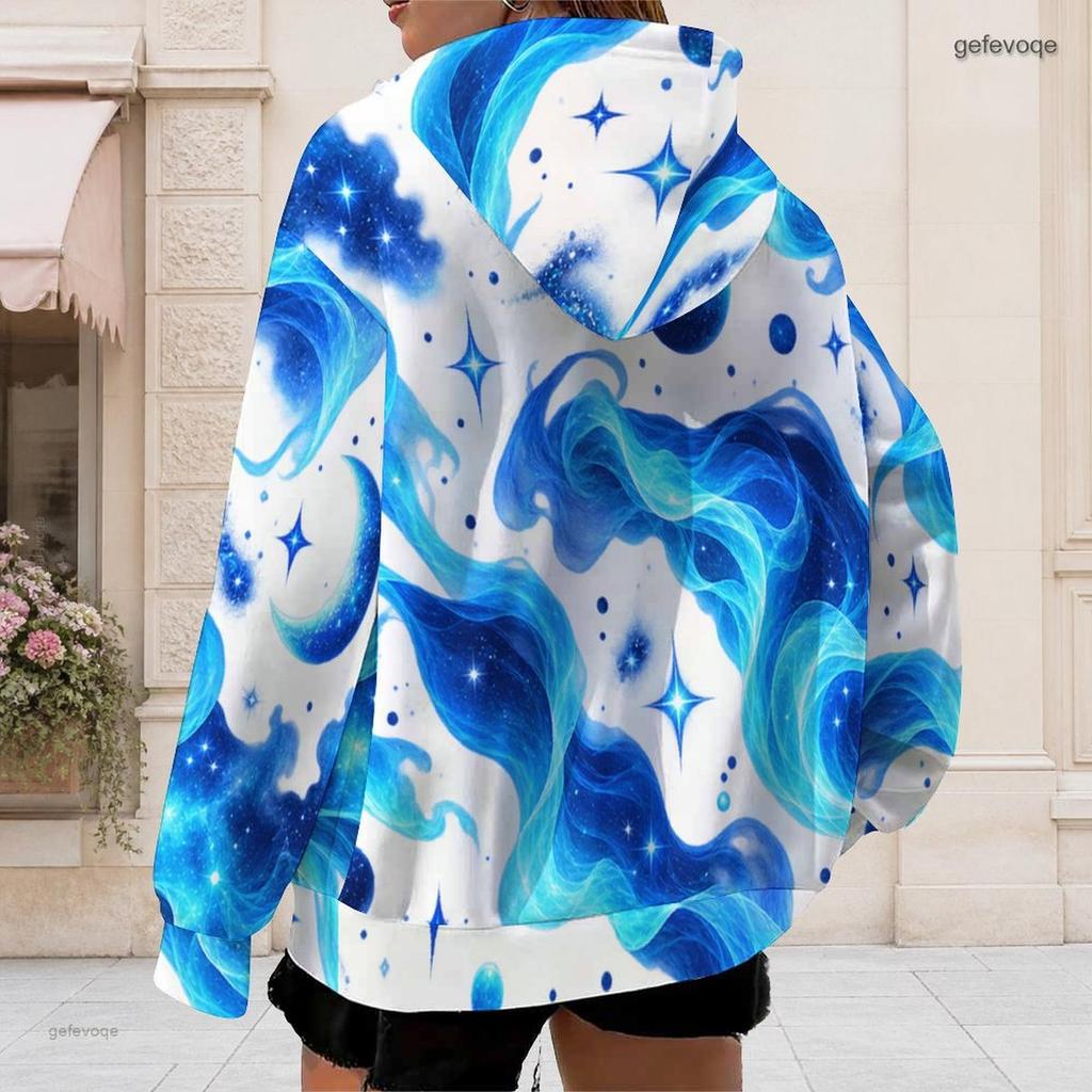 Women Plus Size Zip Up Hoodie Long Sleeve Drawstring Hood Swirl Print Pink Blue Purple With Pockets