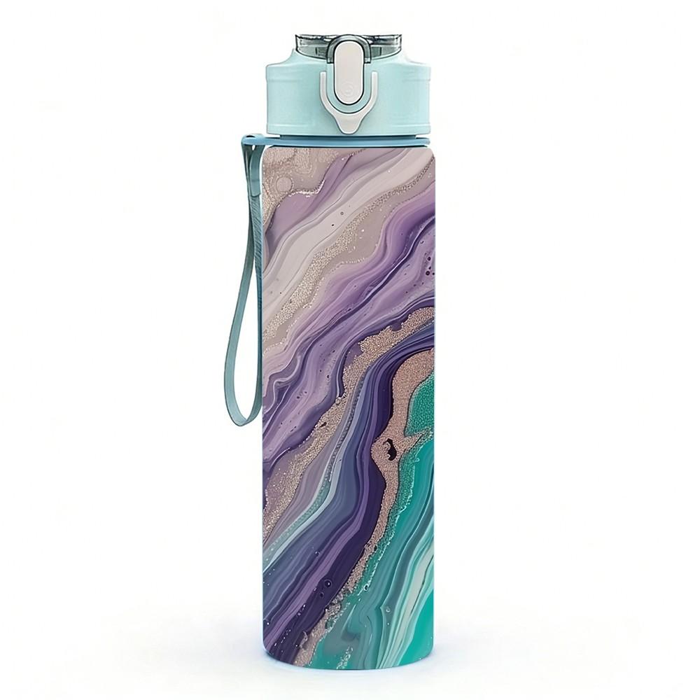 1PC Purple Green Swirl Agate Marble Texture 750ml Color Plastic Sports Water Bottle Leakproof Flip Straw Lid Suitable for Sports Office Home Use