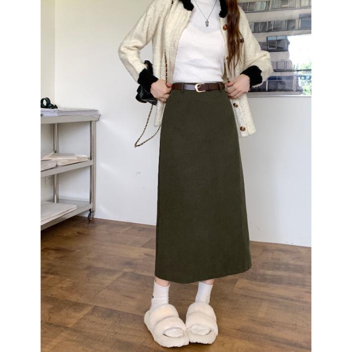 Women's High-Waist Corduroy A-Line Skirt with Back Slit, Slimming Mid-Length for Autumn/Winter