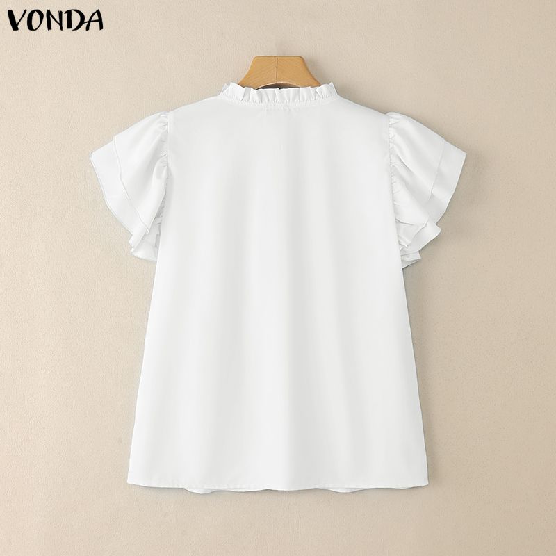 VONDA Women Summer Casual Round Neck Short Sleeve Ruffled Pleating Blouse