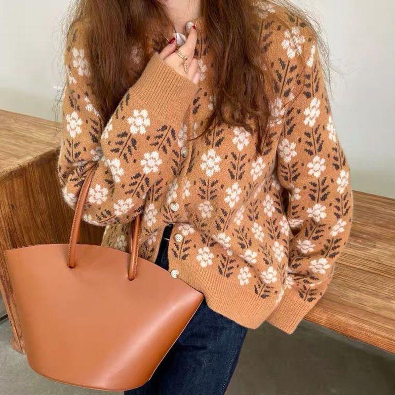 Women's Y2K Thick Flowers Cardigan Knit Sweater Knitwear Winter Shirts Pullovers Korean Style Clothes Outer For Women 2024