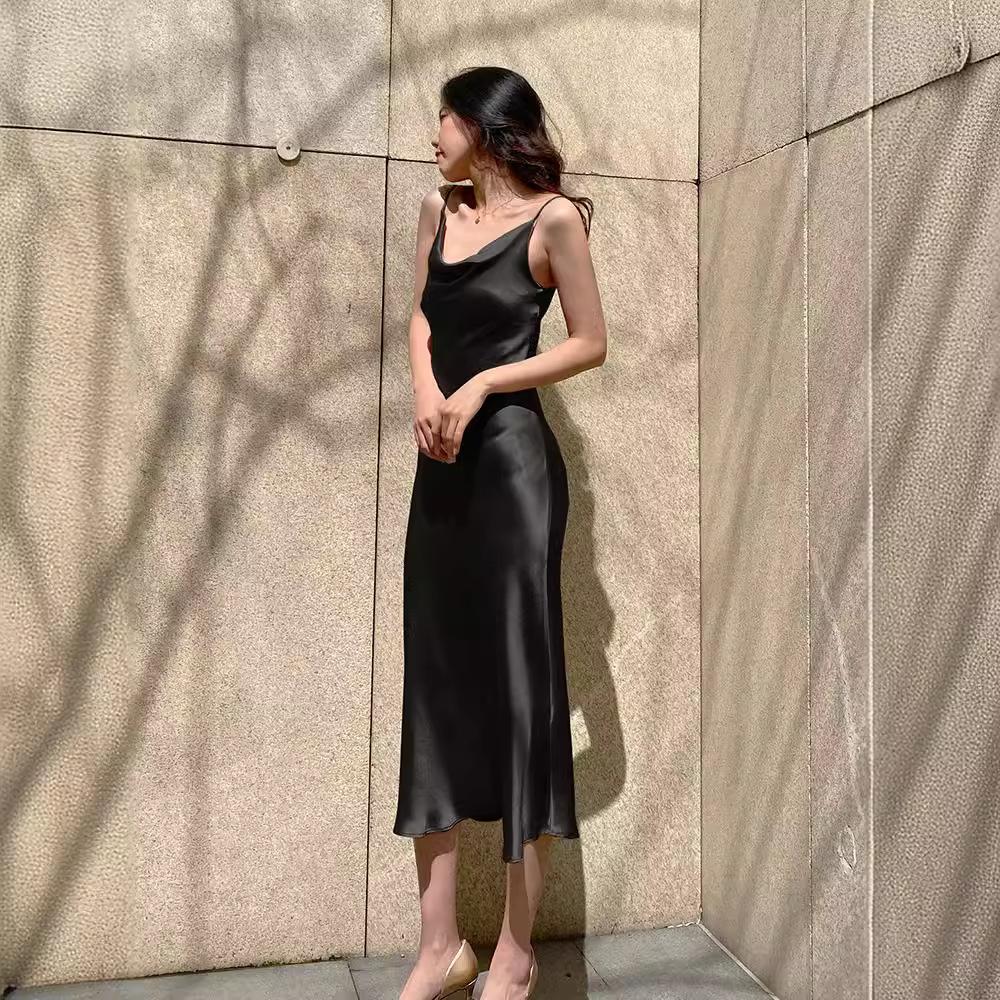 French acetate silk satin swing neck suspender dress summer drape waist hip skirt celebrity fishtail dress