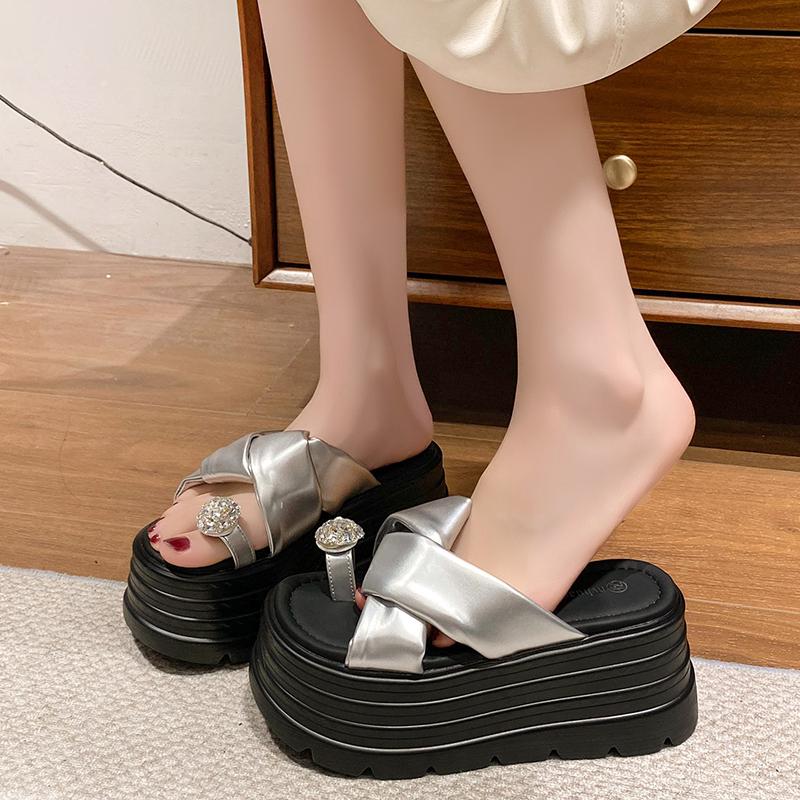 Fashion Women High Platform Slippers New 2025 Summer Beach Flip-Flops Ladies 8.5CM Wedge Heels Flock Shoes Woman Outside Chunky Sandals