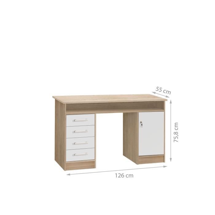 Bureau droit à clés avec 1 porte et 4 tiroirs - Décor chêne et blanc - 126 x P 55 x H 76 cm - ALICANTE