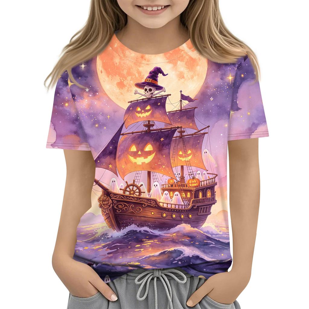 Kids Halloween Graphic T Shirt Short Sleeve Crew Neck Casual Tee Top with Pumpkin and Boat Print for Boys and Girls