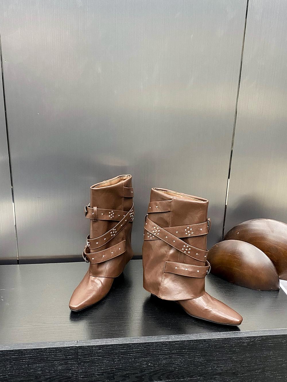 

fashion Winter Women Mid Calf Boots Rivet Design Wedge High Heels Slip On Belt Buckle Black White Brown Fashion Party Pumps Size 35-40 8 коричневый