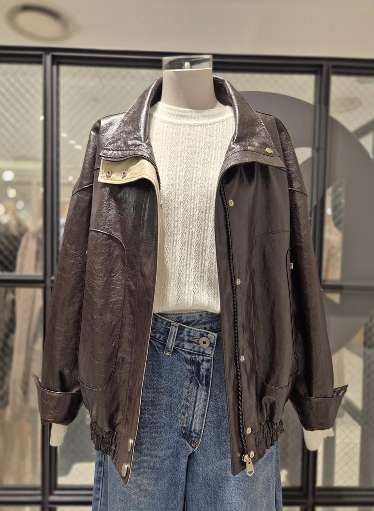 Color-Block High Neck Leather Jacket D254PSG261