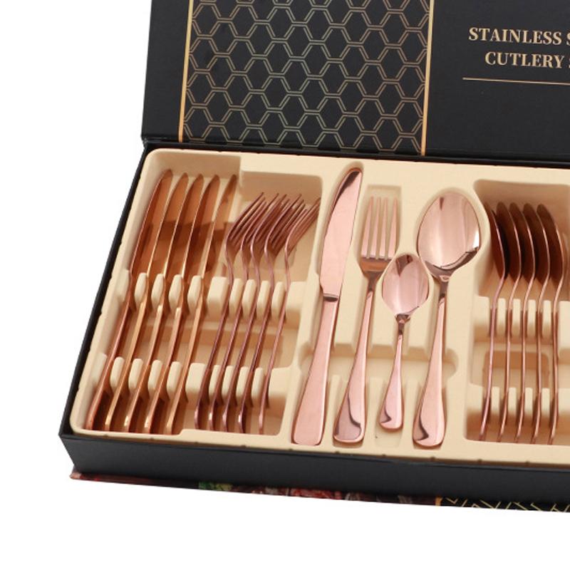 Σετ Μαχαιροπίρουνων Ανοξείδωτο Ατσάλι Γυαλιστερό 24 Τεμάχια Μαχαίρι Στέικ Πιρούνι Κουτάλι Σετ για Εστιατόριο Ροζ Χρυσό