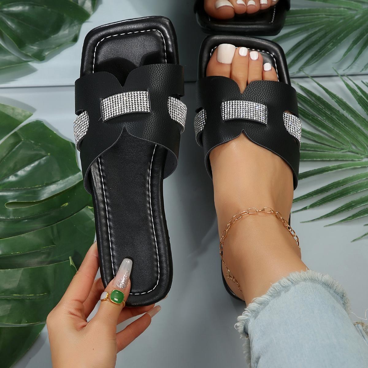 

Летние женские тапочки на плоской подошве с нескользящей подошвой, с открытым носком, пляжная женская обувь, сексуальные модные сандалии, украшенные стразами, размер 43 43 чёрный
