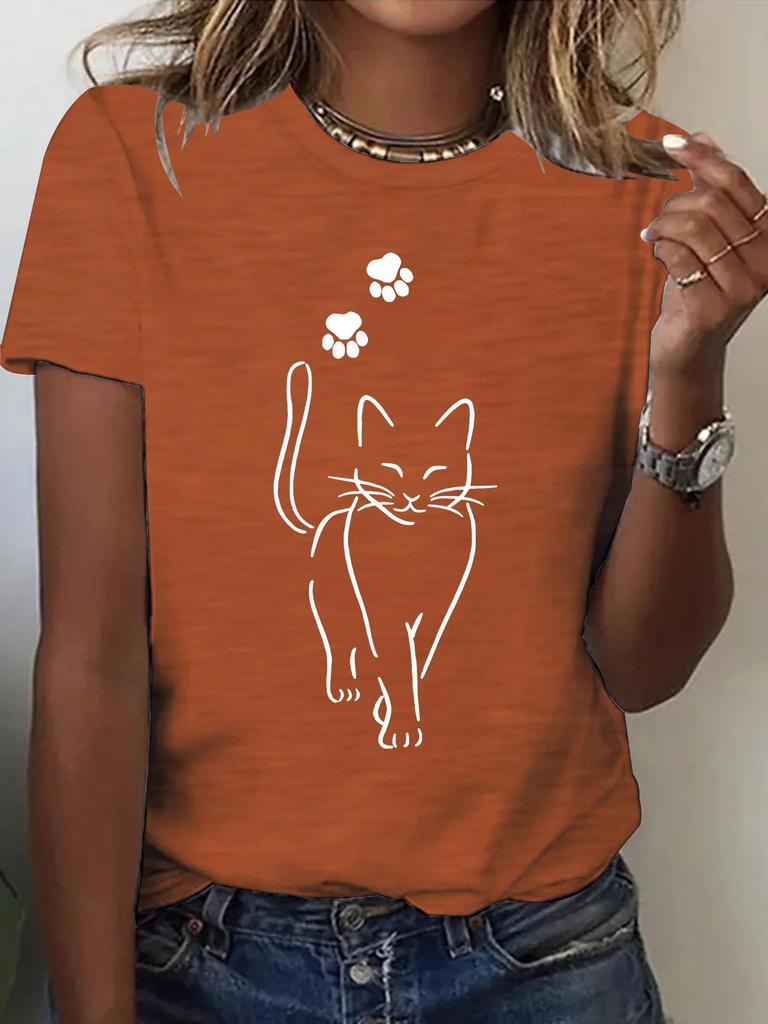 Women's Cat Pattern Round Neck Short Sleeve T-shirt - Summer High-End Feel