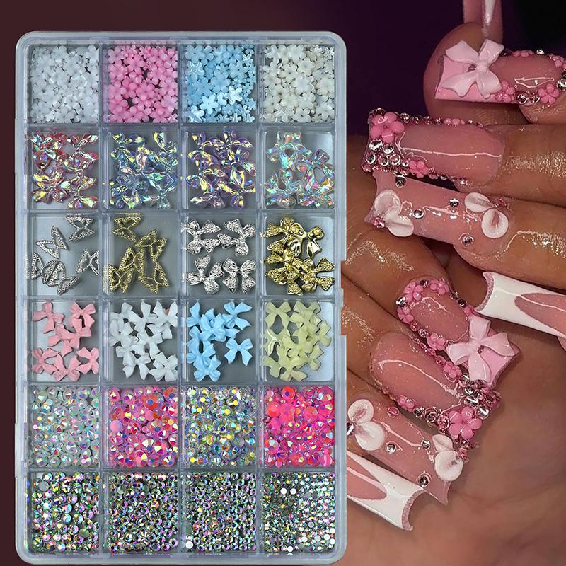 24 Grids, Mixed Nail Decoration Accessories, Rhinestones, Pearls, Beads, Bowknot, Nail Art Jewelry, DIY Tools