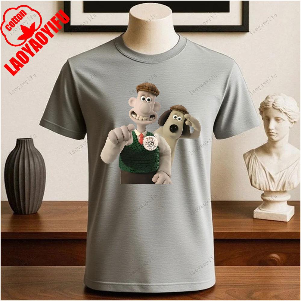 Wallace i Gromit Drukowane T-shirty Bluzki Kreskówka i Anime Drukowany T-shirt Lato Bawełna Casual Oddychające Camisetas T-shirty