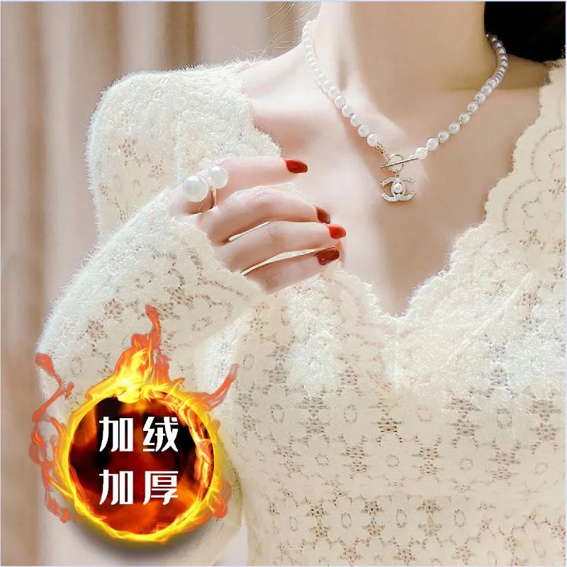 Winter New Style Velvet Thickened V-neck Women's Lace Bottoming Fashionable Inner Warm Long-sleeved Top