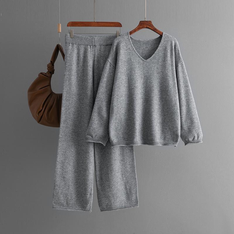Solid color collar fashion set, new autumn and winter loose high-waisted casual sweater two-piece set