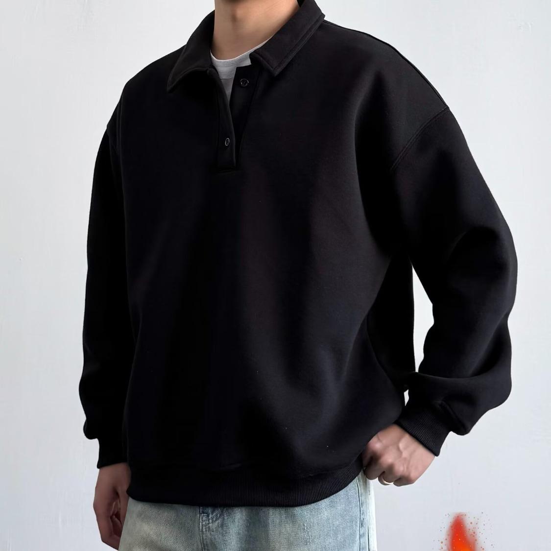 Men s Heavyweight Textured Lapel Hoodie: Autumn Retro Loose-Fit Long Sleeve Polo Pullover XXL