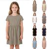 Mädchen Kurzarmkleid Lässig Lockerer Schnitt Atmungsaktive Baumwoll-Leinen-Mischung Sommerkleid mit Raffung in der Taille und Rundhalsausschnitt für den täglichen Gebrauch