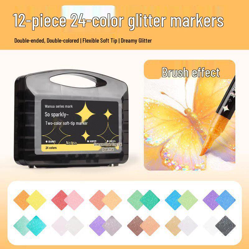 Taichi Touchmark Double-ended Glitter Markers: Washable, Soft-tip, Two-tone Acrylic Watercolor Pens for Kids.