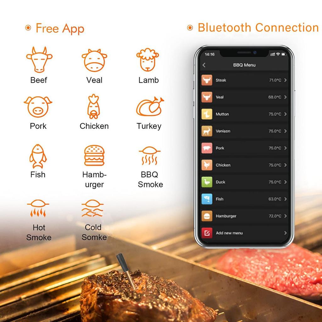 Wireless Meat Thermometer,Bluetooth Meat Thermometer with 300ft Wireless Range,Digital Cooking Thermometer with Alert for BBQ,Oven,Smoker,Air Fryer