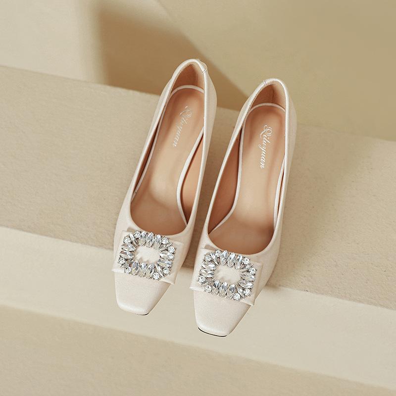 Black High Heels Temperament Is Not Tired Feet 2025 New Spring and Autumn Square Head French Rhinestone Square Buckle Thick Heel Shallow Mouth Sin