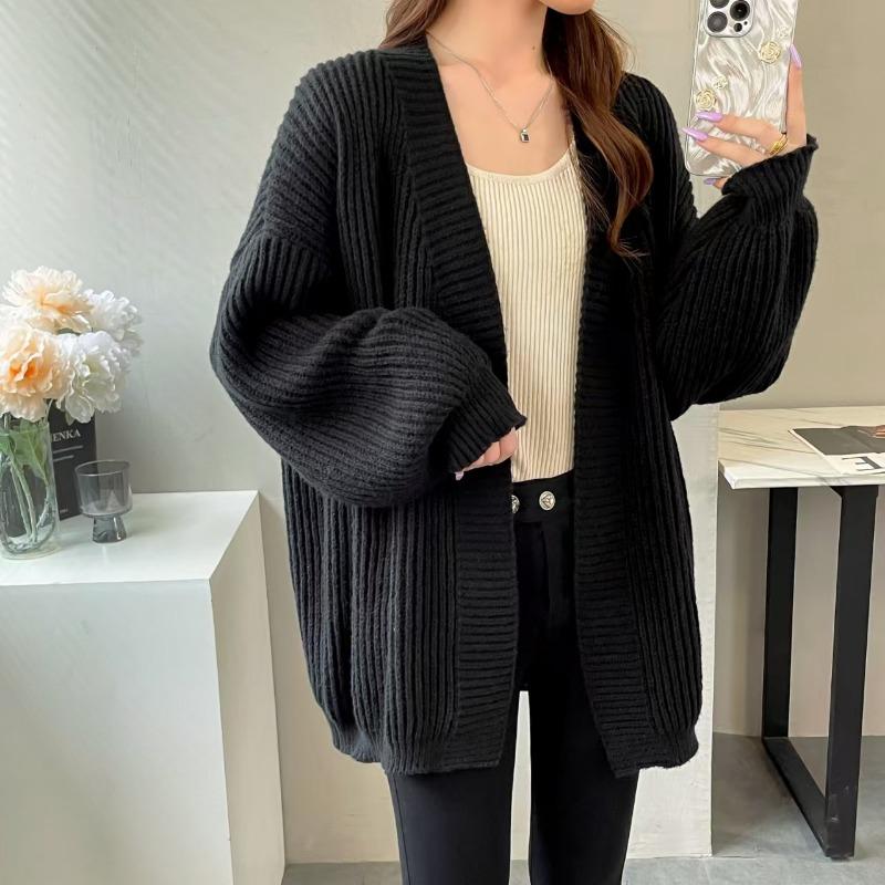 Chic Loose Casual Mid Length Knitted Cardigan Sweater Women Autumn and Winter V Neck Warm Women Sweaters Jacket Elegant Vintage Solid Cardigans 25250