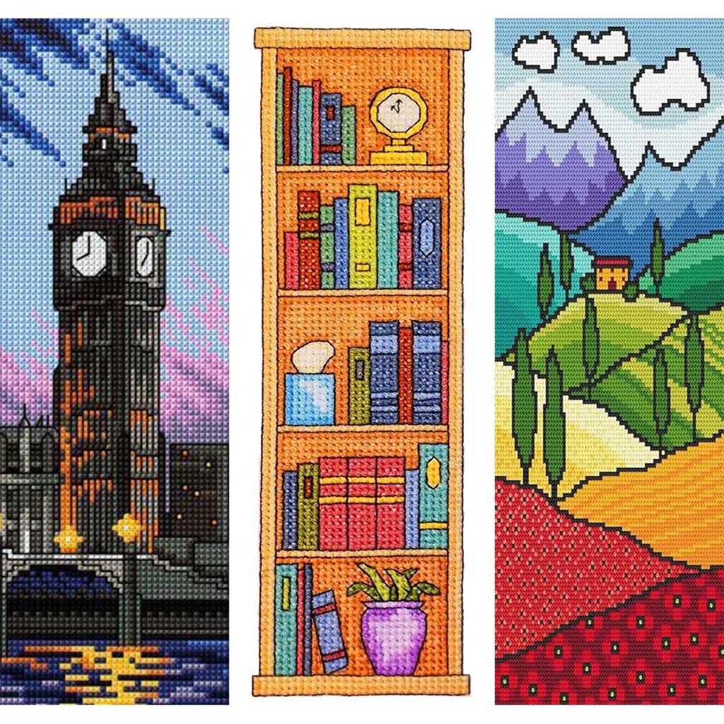 11CT Stamped Double-Sided Bookshelf DIY Bookmarks Cross Stitch Kits 18x6cm Pastoral Bookmark Embroidery Kit for Reading Day Gift