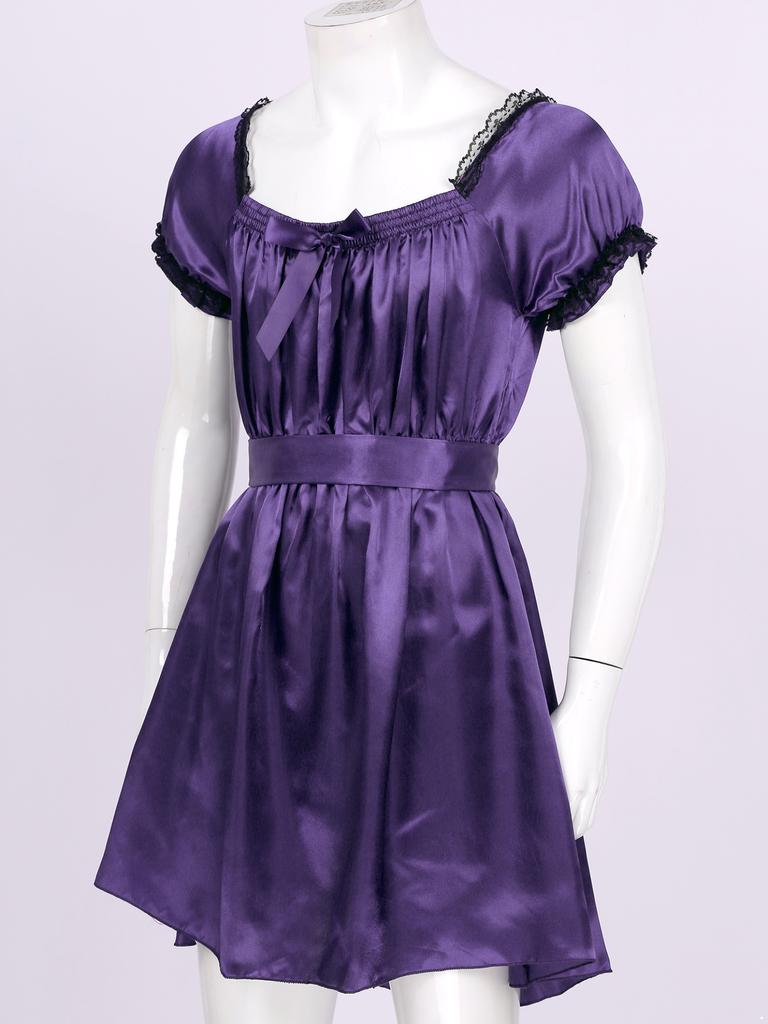 Mens Short Sleeve Square Neckline Shiny Soft Satin High Low Design Crossdress Lingerie Dress with Sash Nightwear Underwear