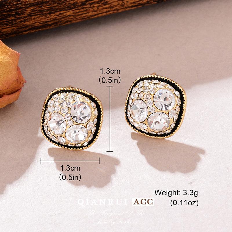 Black frame fashionable geometric square love earrings with diamonds versatile exquisite Korean version temperament fashion earrings 14k real gold