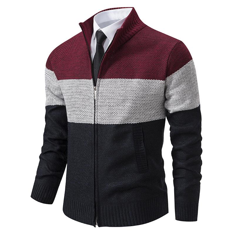 Autumn and Winter New Young and Middle-aged Jackets, Fleece Stand-up Collar Color Matching Business Casual Cardigan Sweater