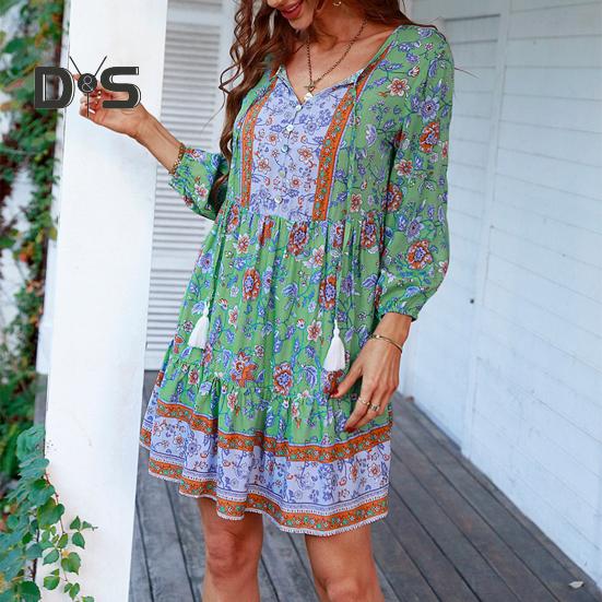 Damen-Boho-Kleid mit Blumenmuster, lässig, langärmelig, fließend, kurzes Kleid, lockerer V-Ausschnitt, Knopfleiste, A-Linien-Kleid, Mini-Strand-Sommerkleid