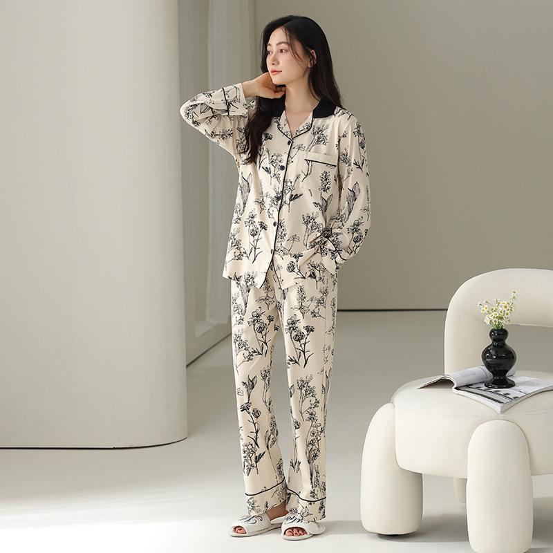 Pajamas Women's Spring and Autumn Pure Cotton Long-sleeved New Floral Thin Mother Advanced Sense Can Be Worn Outside Cool Cotton Suit