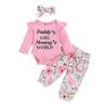 Newborn Clothing Kids Baby Girls Long Sleeve Alpha-Printed Romper + Floral Printed Pants + Headband Set