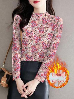 Blumen-Thermobasisshirt mit hohem Kragen und Rippstruktur für Frauen mittleren Alters und ältere Frauen - Langarm-Winterbekleidung