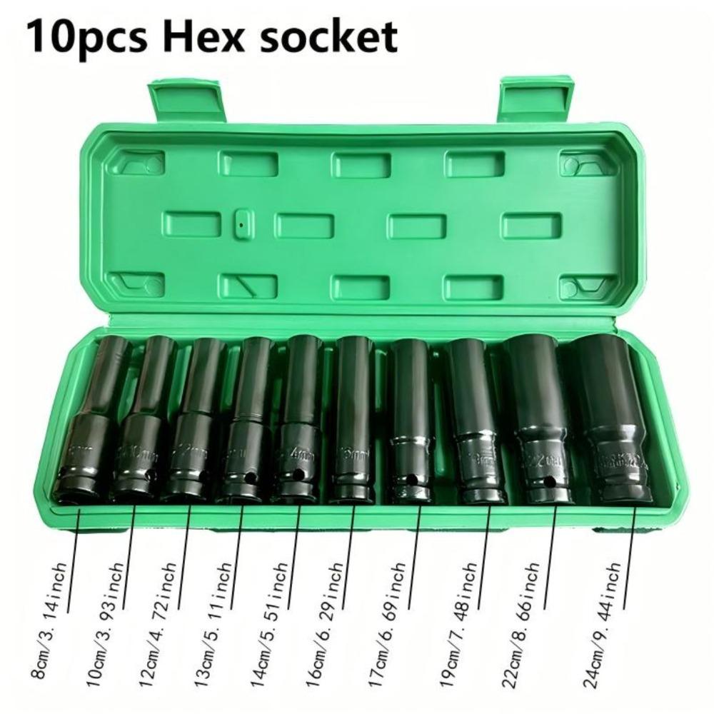 Set of 10 1/2" drive plugs, 6-point hexagonal impact plug set, 8-24mm impact plug set with storage box