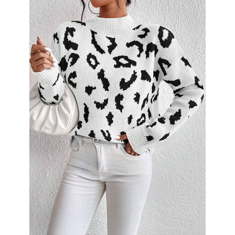 Women S Fashion Round Neck Long Sleeve Pullover Sweater Leopard Print