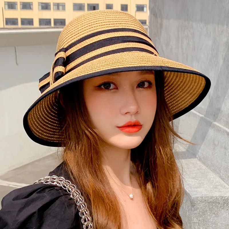 WTEMPO Women's Striped Bow Simple Elegant Casual Breathable Sun Hats Summer Large Brim Versatile Sun Protection Outdoor Bucket Hats