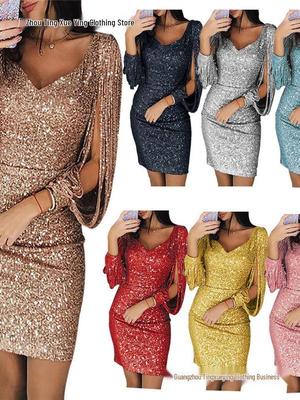 New Sexy Sequin Tassel Nightclub Party Dress with Long Sleeves