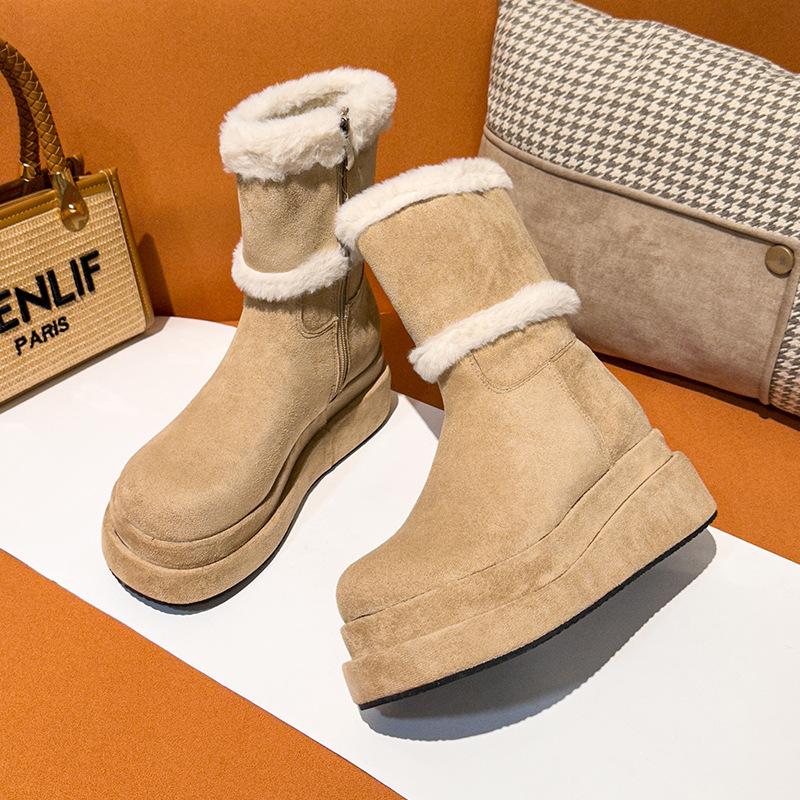 Fluffy snow boots women's winter high heel new thick-soled plush Maillard warm short boots side zipper
