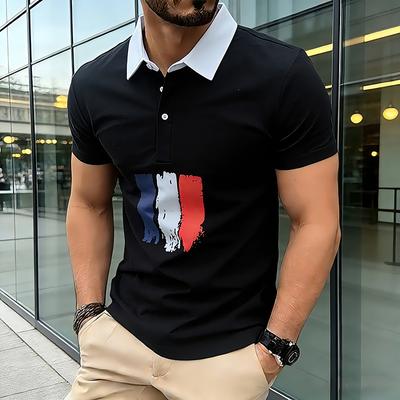 Polo da Uomo con Stampa Bandiera Francese - Colletto Bianco a Contrasto Design Pennellate Abbottonatura Casual Patriottici & Top Quotidiani in Opzioni Monocolore