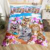 Cute Cat King Queen Duvet Cover Kitten Bedding Set Purple Floral Butterflies Polyester Quilt Cover Pet Animal Comforter Cover